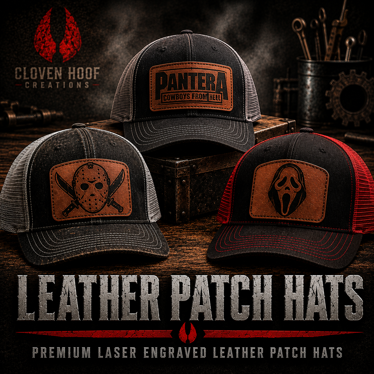 Laser Engraved Faux Leather Patch Hats