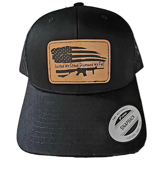 United We Stand Disarmed We Fall 2A Trucker Hat | Laser Engraved Faux Leather Patch | Adjustable Mesh Cap