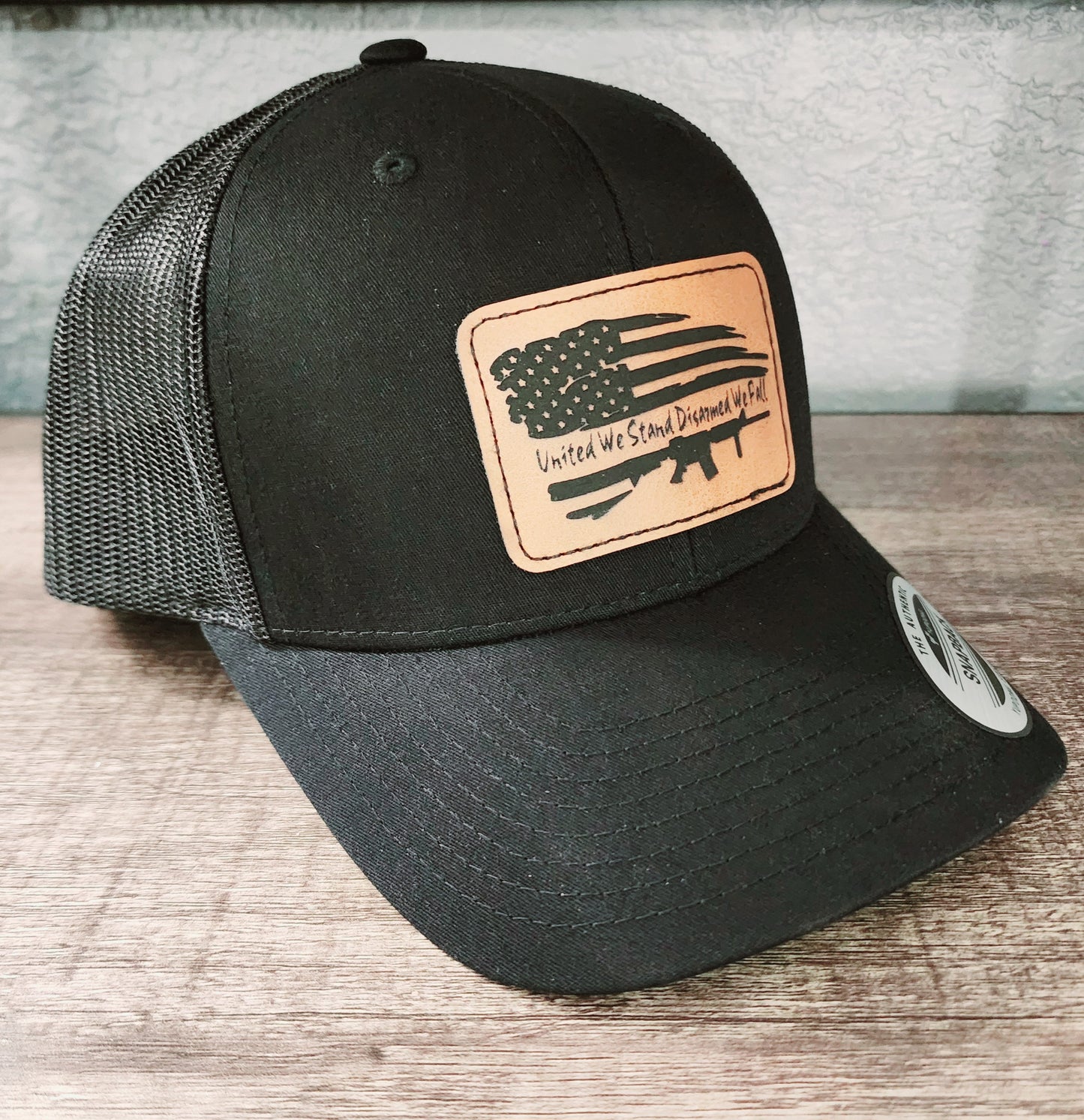 United We Stand Disarmed We Fall 2A Trucker Hat | Laser Engraved Faux Leather Patch | Adjustable Mesh Cap