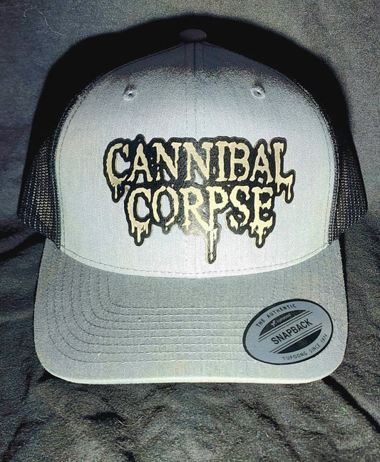 Cannibal Corpse Logo Trucker Hat | Laser Engraved Faux Leather Patch | Adjustable Mesh Cap