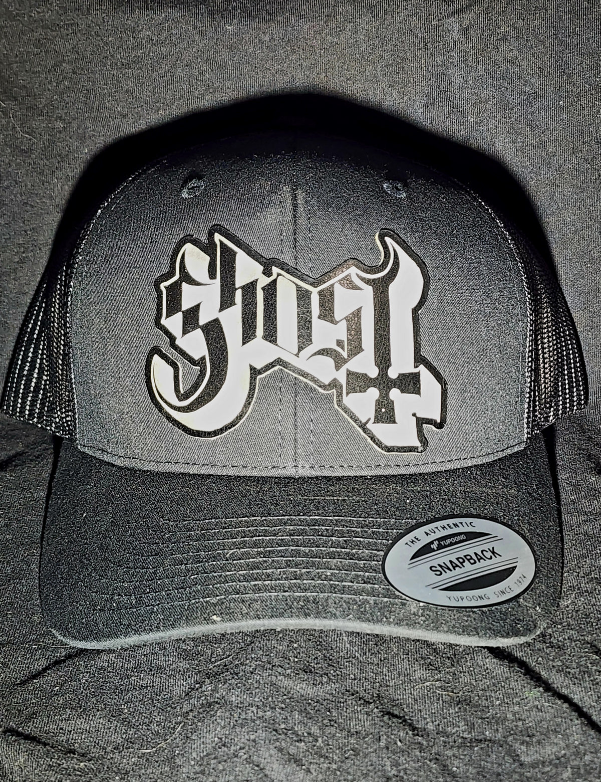 Ghost Logo Trucker Hat | Laser Engraved Faux Leather Patch | Adjustable Mesh Cap