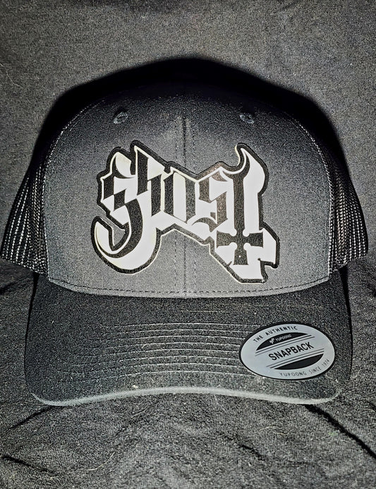 Ghost Logo Trucker Hat | Laser Engraved Faux Leather Patch | Adjustable Mesh Cap