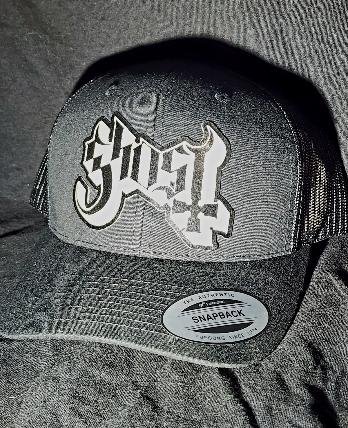 Ghost Logo Trucker Hat | Laser Engraved Faux Leather Patch | Adjustable Mesh Cap
