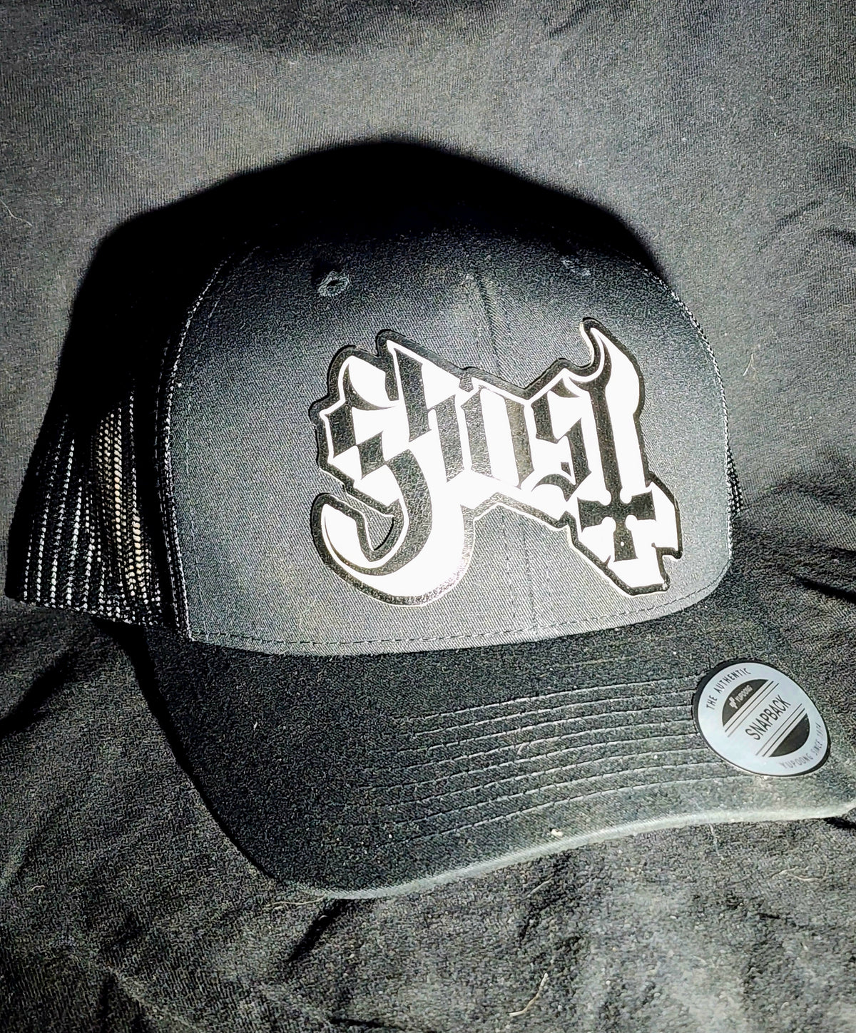 Ghost Logo Trucker Hat | Laser Engraved Faux Leather Patch | Adjustable Mesh Cap
