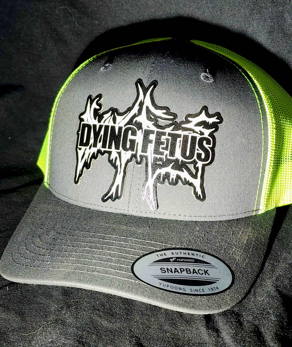 Dying Fetus Logo Trucker Hat | Laser Engraved Faux Leather Patch | Adjustable Mesh Cap