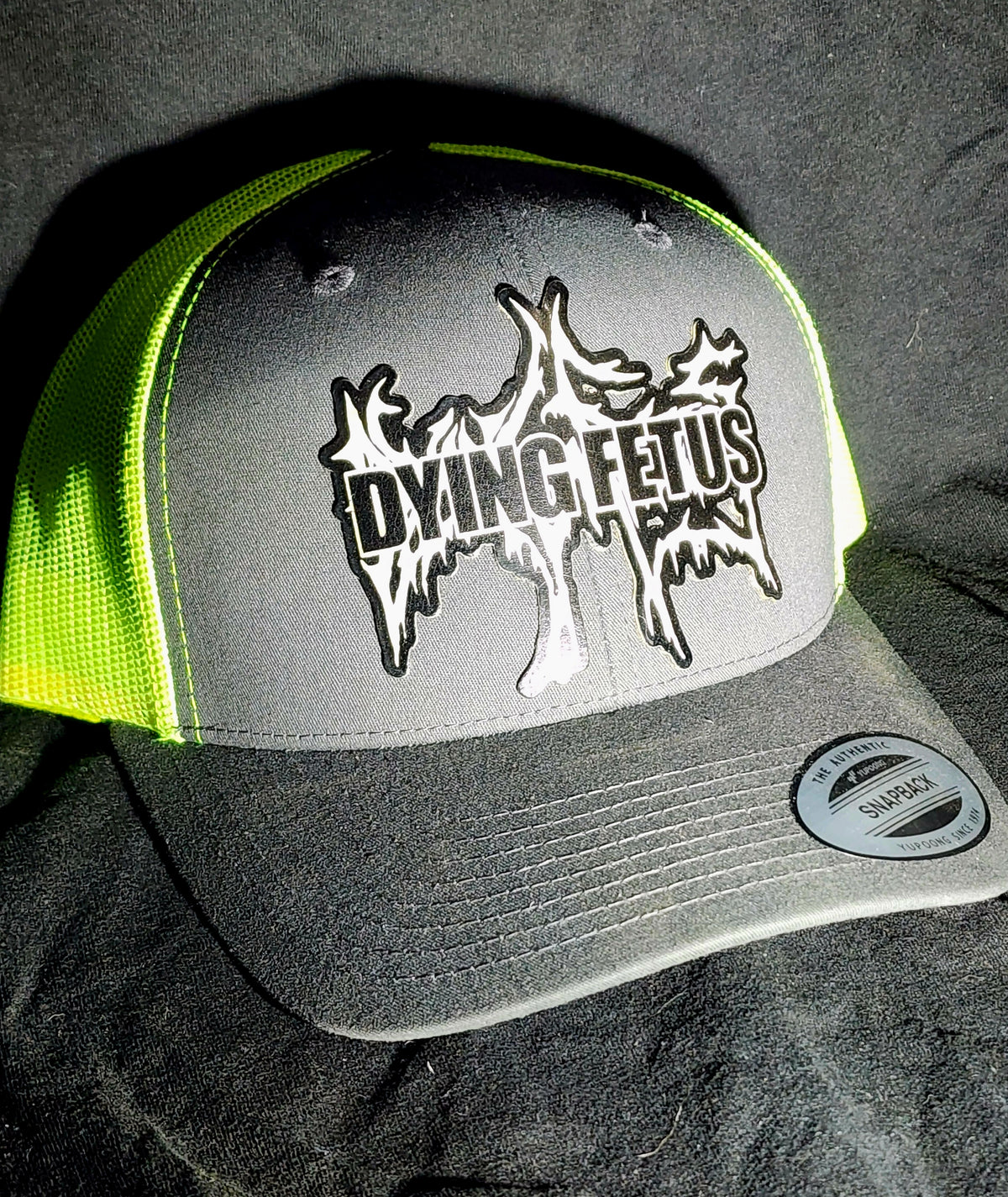 Dying Fetus Logo Trucker Hat | Laser Engraved Faux Leather Patch | Adjustable Mesh Cap