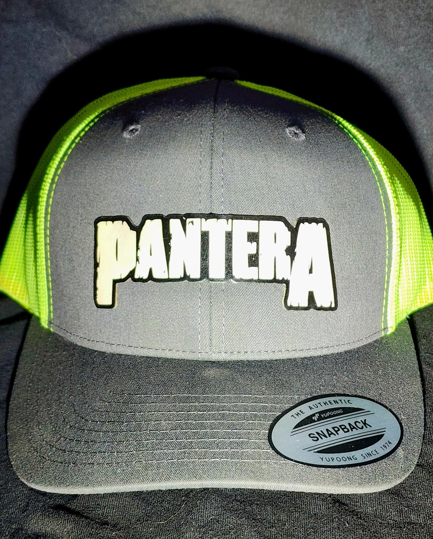 Pantera Logo Trucker Hat | Laser Engraved Faux Leather Patch | Adjustable Mesh Cap