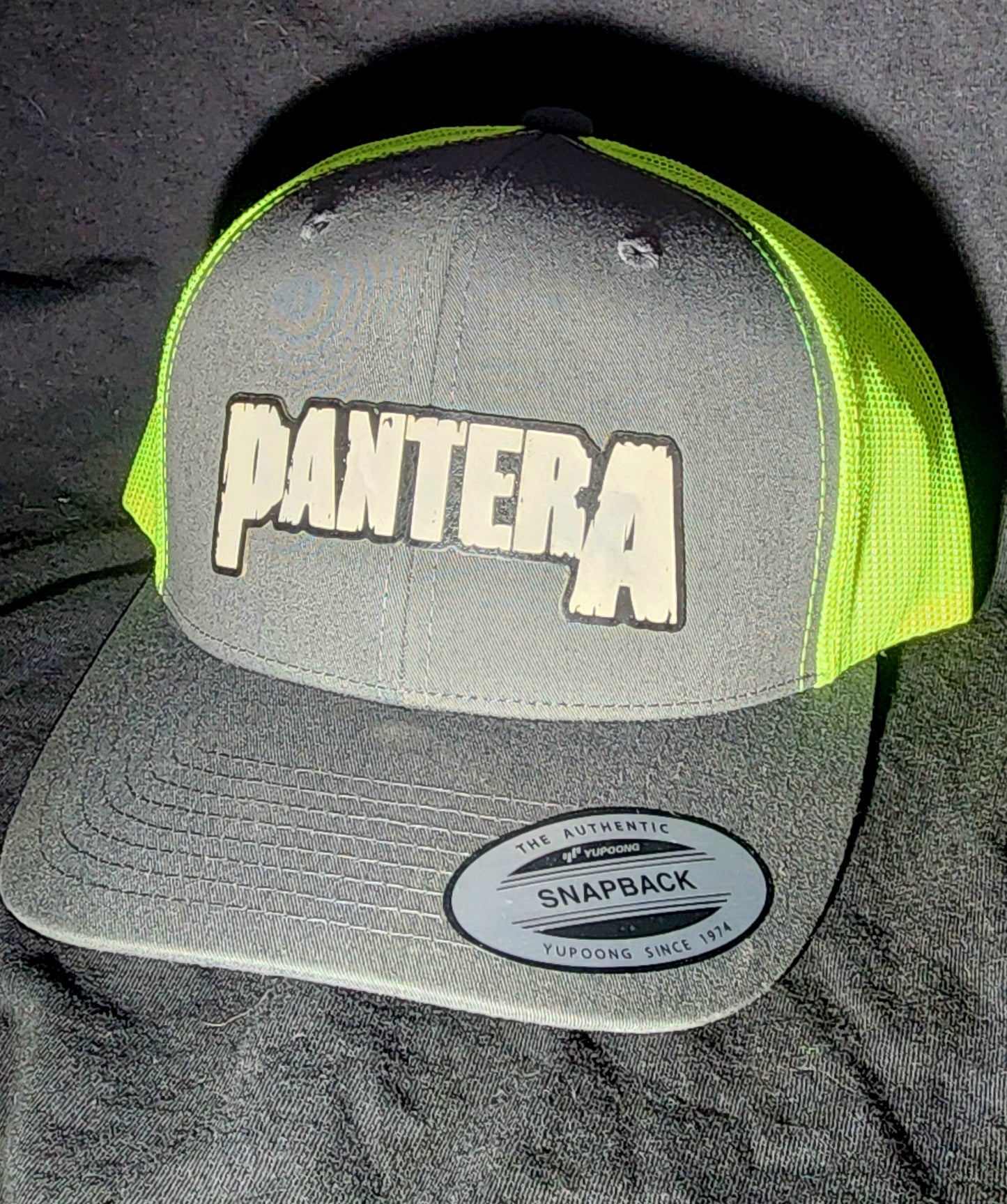 Pantera Logo Trucker Hat | Laser Engraved Faux Leather Patch | Adjustable Mesh Cap