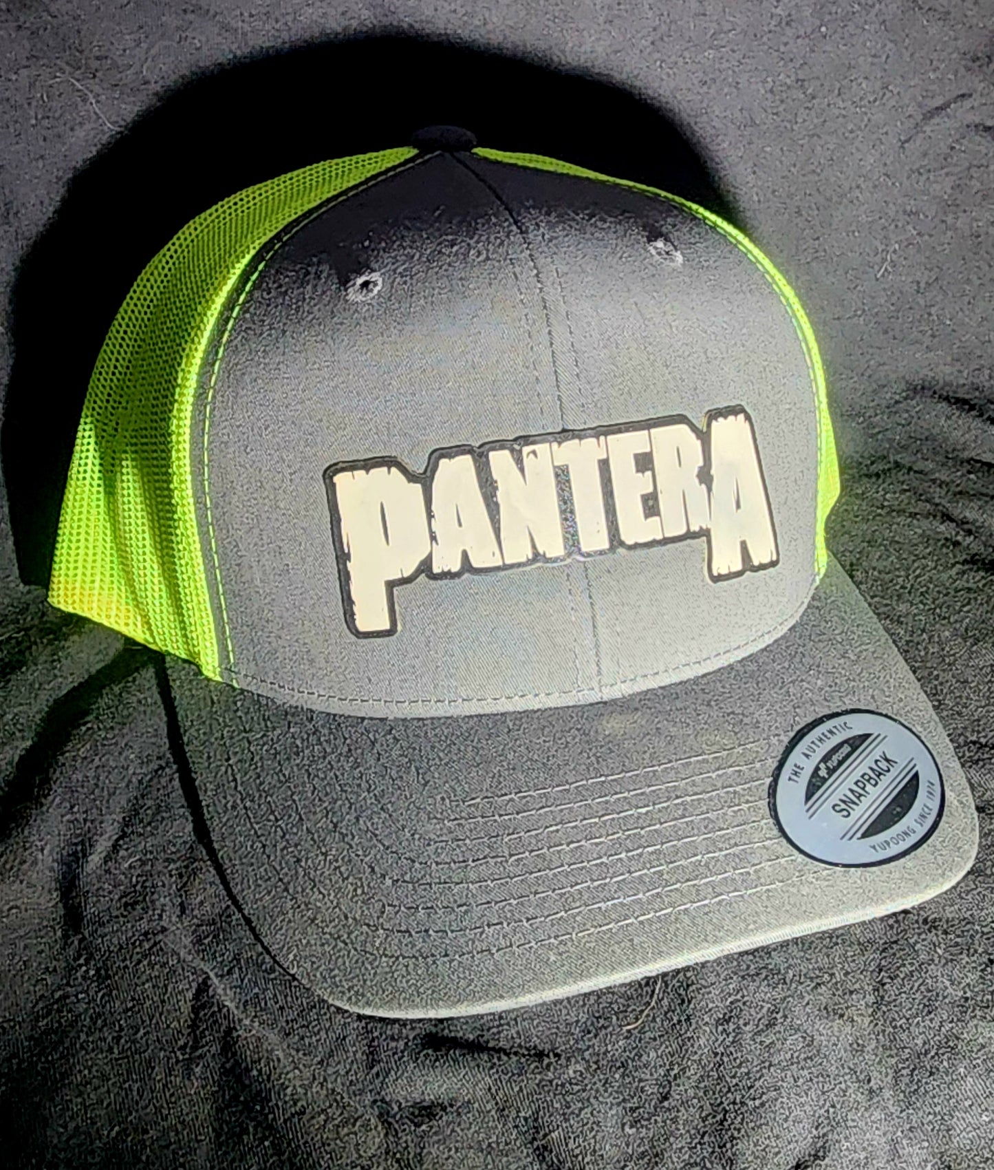 Pantera Logo Trucker Hat | Laser Engraved Faux Leather Patch | Adjustable Mesh Cap