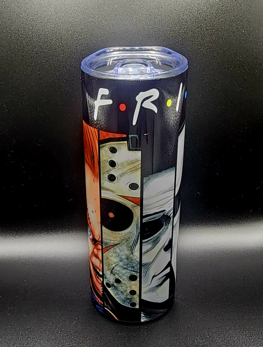 20oz Stainless Steel Tumbler, Horror Icons, Friends, Jason Voorhees, Freddy Kreuger, Michael Myers, Chucky
