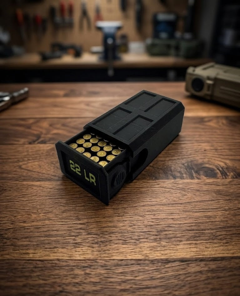22LR Stackable Sliding Tray Ammo Container 50 Rounds Compact Dual Locking Mechanism EDC Range Day 3D Printed Secure Closure