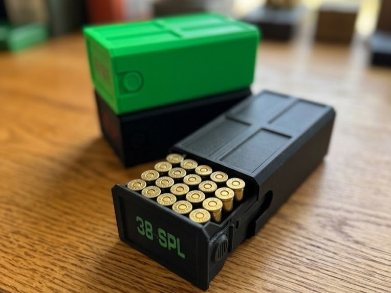 38SPL Stackable Sliding Tray Ammo Container 50 Rounds Compact Dual Locking Mechanism EDC Range Day 3D Printed Secure Closure