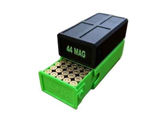 44MAG Stackable Sliding Tray Ammo Container 50 Rounds Compact Dual Locking Mechanism EDC Range Day 3D Printed Secure Closure