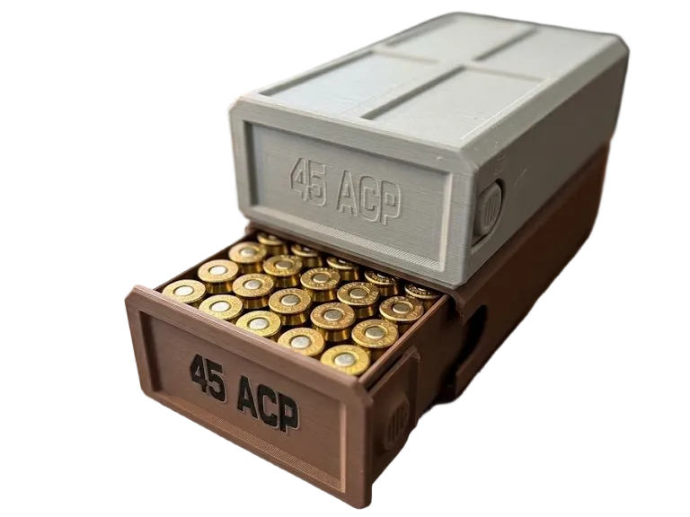 45ACP Stackable Sliding Tray Ammo Container 50 Rounds Compact Dual Locking Mechanism EDC Range Day 3D Printed Secure Closure
