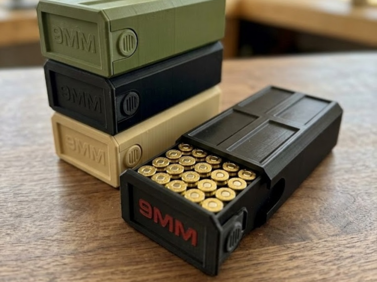 9mm Stackable Sliding Tray Ammo Container 50 Rounds Compact Dual Locking Mechanism EDC Range Day 3D Printed Secure Closure