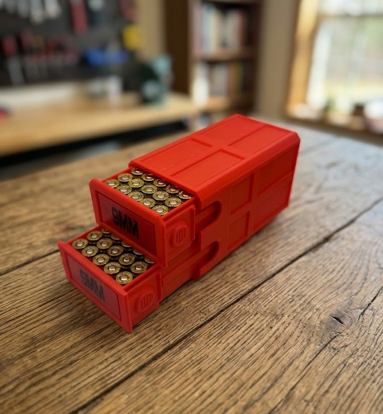 9mm Stackable Sliding Tray Ammo Container 100 Rounds Compact Dual Locking Mechanism EDC Range Day 3D Printed Secure Closure